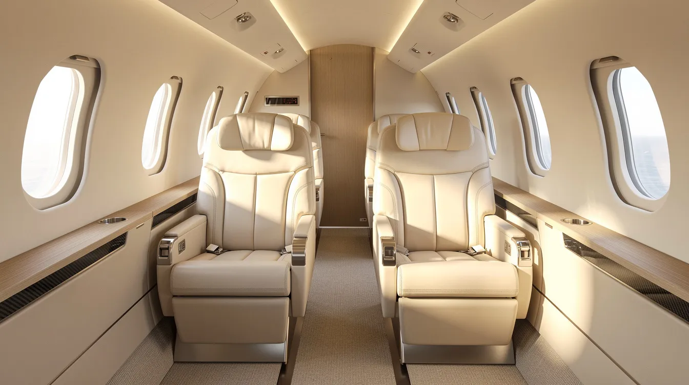 The image depicts the interior of a modern light jet cabin featuring cream leather seats, bathed in natural light from oval windows, creating a luxurious atmosphere ideal for private jet travel. This elegant space exemplifies the comfort and style associated with private jet rental services.