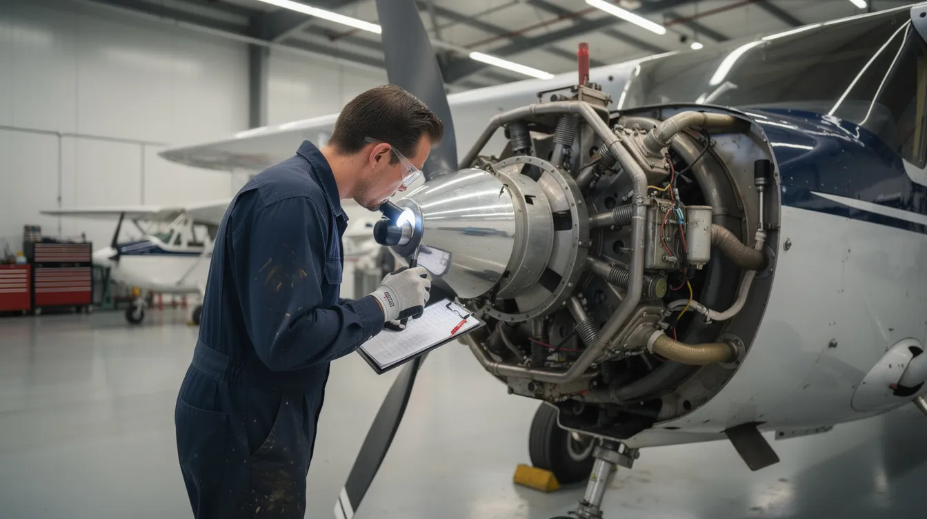 A mechanic is closely inspecting the engine of a small single-engine aircraft inside a well-lit hangar. The scene highlights the importance of routine maintenance for aircraft owners, ensuring their small planes are in optimal condition for safe flights.