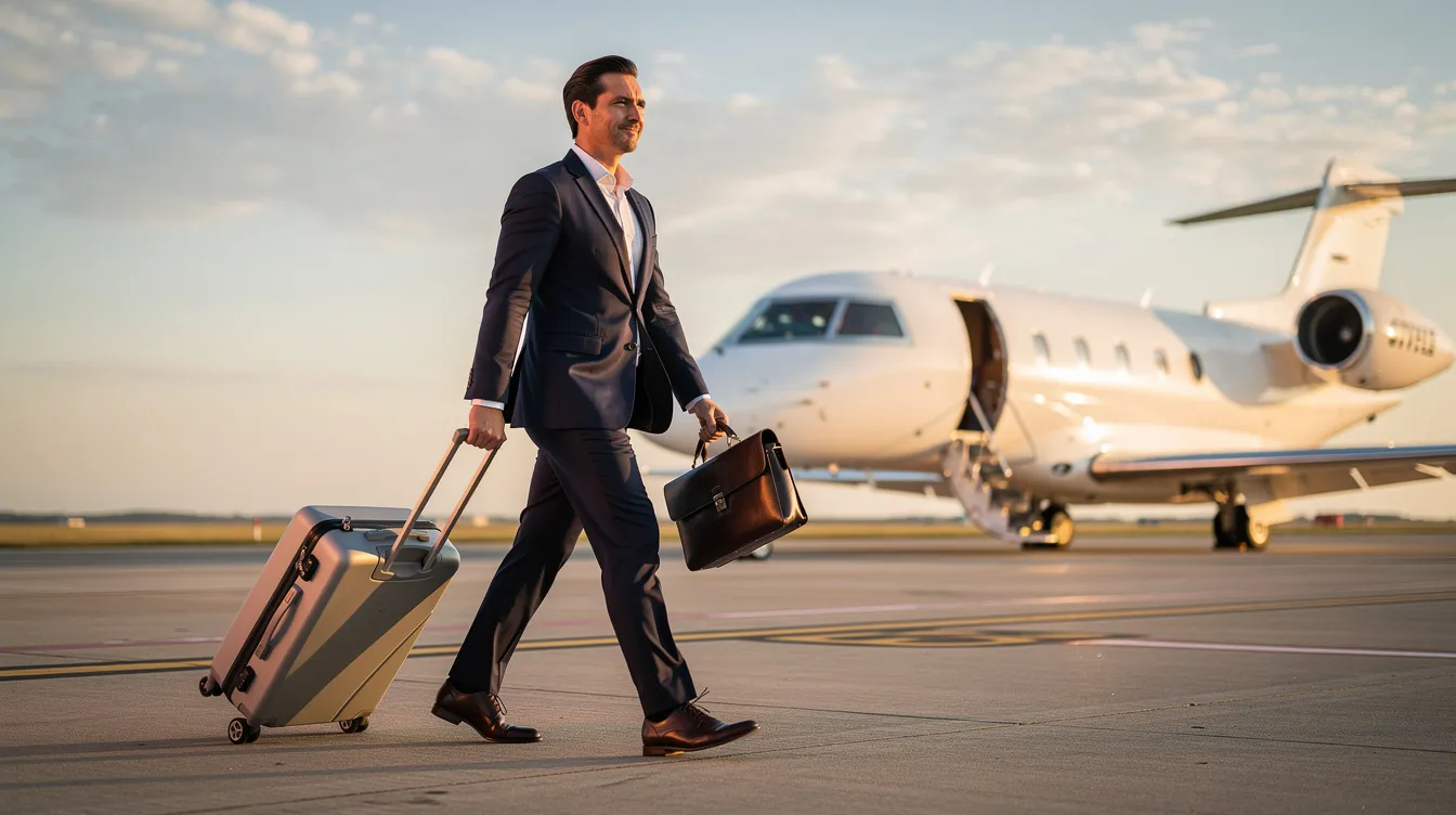An executive strides confidently across the tarmac toward a sleek private jet, carrying luggage in hand, symbolizing the luxury and convenience of private aviation. This scene highlights the allure of owning a private jet, with considerations of initial purchase price and ongoing costs like maintenance and fuel burn.