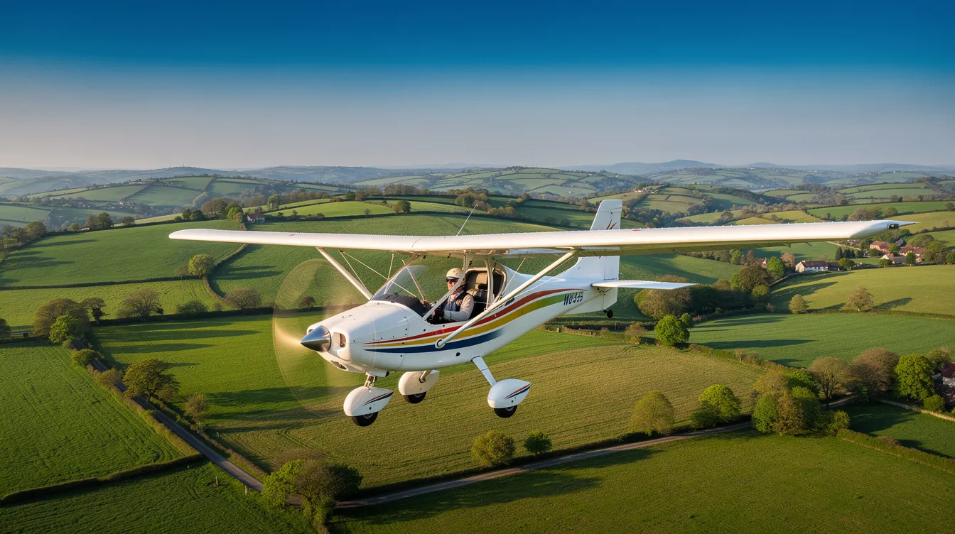 A small single-seat ultralight airplane is flying low over a lush green countryside, showcasing rolling hills under a clear blue sky. This light aircraft features advanced safety features and efficient performance, making it ideal for cross country flights and personal use.