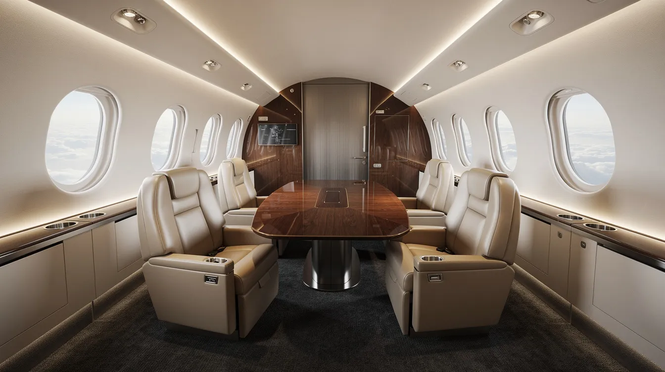 The image shows the interior of a large-cabin ultra-long-range business jet, featuring luxurious leather seats arranged in a conference configuration, complemented by ambient lighting that creates a sophisticated atmosphere. This modern jet aircraft is designed for comfort and efficiency in civil aviation settings.