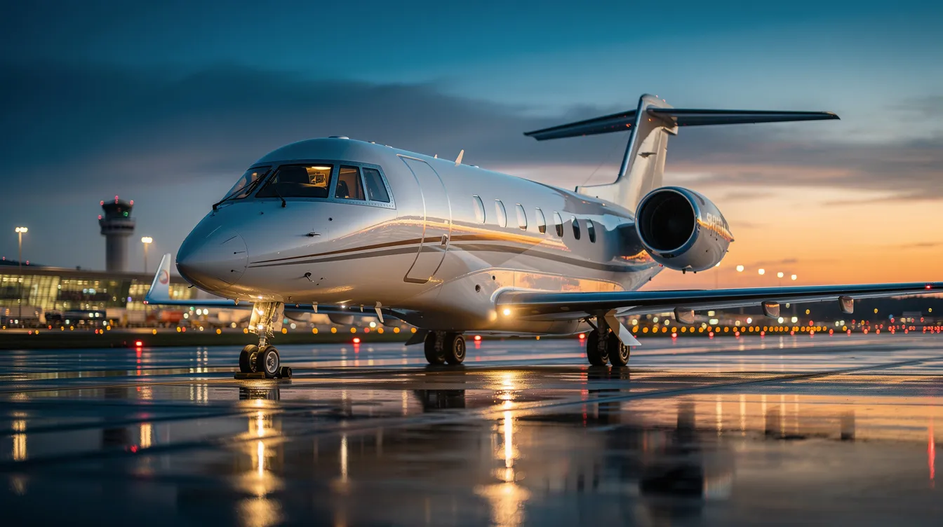 A sleek private business jet is taxiing on a runway at dusk, with glowing airport lights illuminating the scene in the background. This image captures the essence of aviation, where aircraft owners must consider various aspects of aviation insurance, including liability coverage and protection against potential accidents.