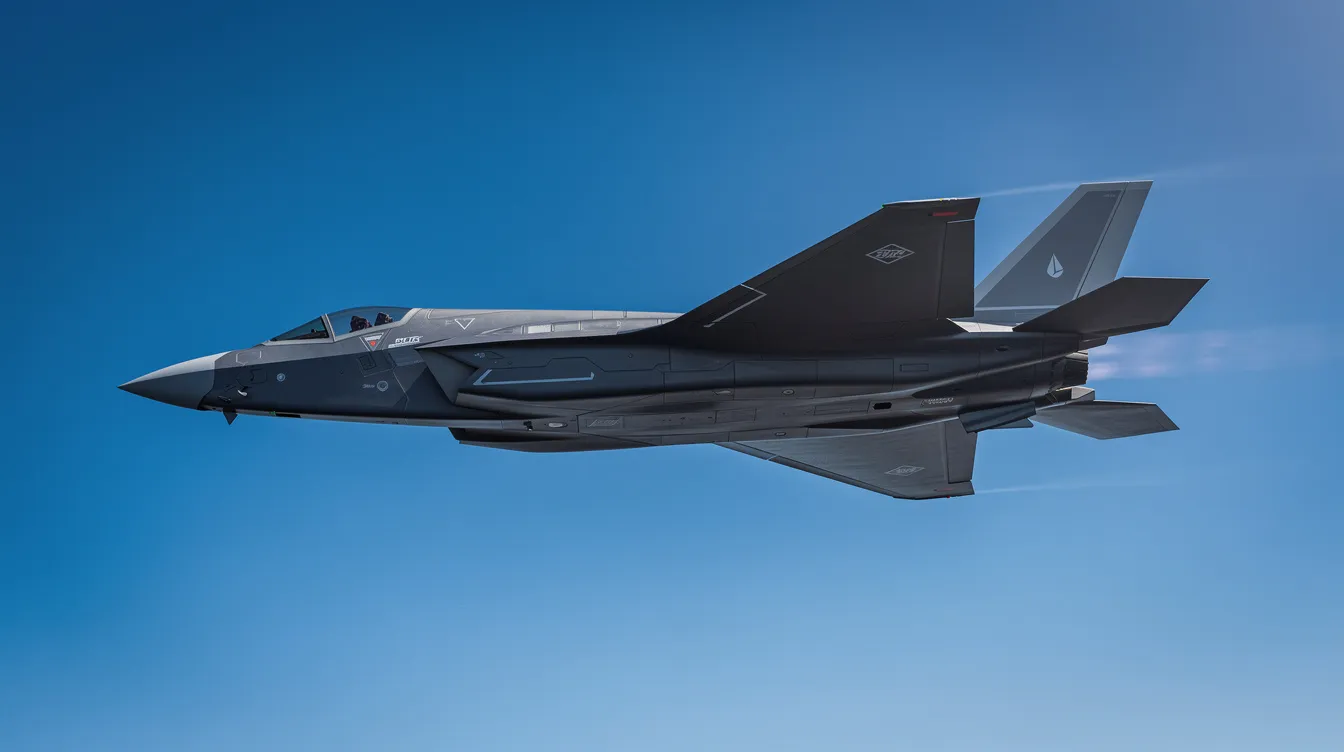 A modern angular stealth fighter jet, resembling the advanced Lockheed Martin F-22 Raptor, soars through a vivid blue sky, showcasing its swept wing design and cutting-edge stealth technology. This air superiority fighter exemplifies military aviation's evolution, blending exceptional agility with supersonic speeds.