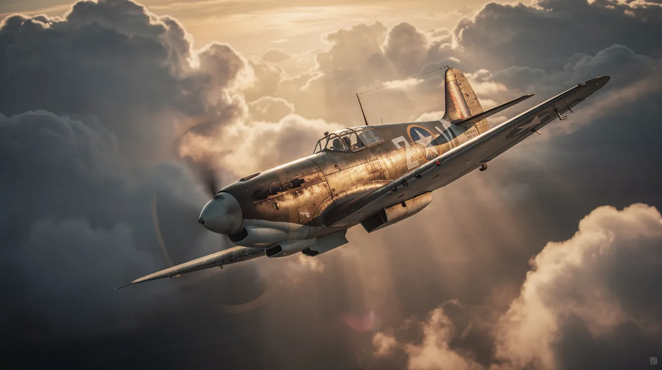 A vintage World War II-era propeller fighter plane gracefully banks through dramatic clouds during golden hour, showcasing its sleek design and historical significance in aviation history. The aircraft embodies the spirit of air superiority fighters from the second world war, evoking a sense of nostalgia for military aviation enthusiasts.