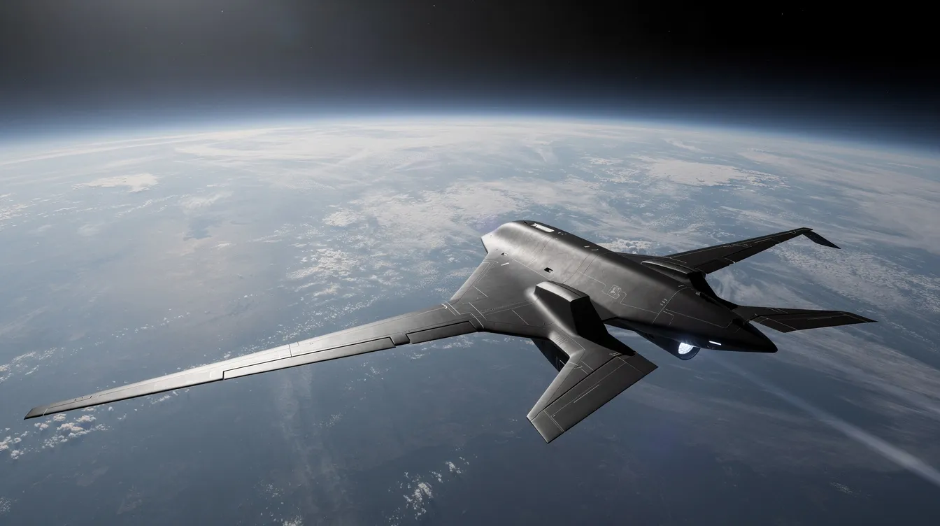 A sleek dark reconnaissance aircraft soars at extreme altitude, showcasing the curvature of the Earth below, embodying cutting-edge technology and stealth capabilities typical of advanced tactical fighters. This modern jet, reminiscent of military aviation's finest, represents the pinnacle of air superiority and performance.