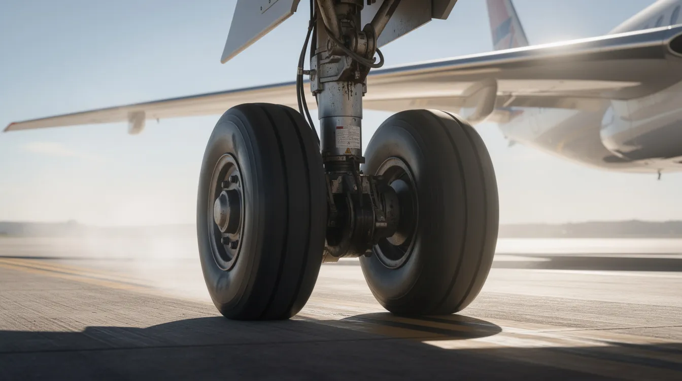 A close-up view of the main landing gear wheels and tires of a large aircraft, possibly a Boeing 777, is shown on a runway, with a shimmering heat haze creating a mirage effect in the background. The six wheels are prominently displayed, emphasizing the aircraft's robust design for commercial flight.