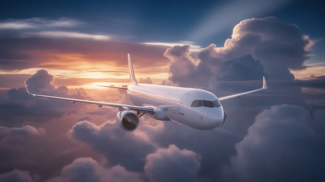 A modern jet aircraft, resembling a Boeing 777, soars through dramatic clouds against a vivid sunset sky, showcasing its sleek design and extended raked wingtips. This commercial airliner, often operated by major airlines like United Airlines and British Airways, highlights the advancements in fuel efficiency and environmental performance in aviation.