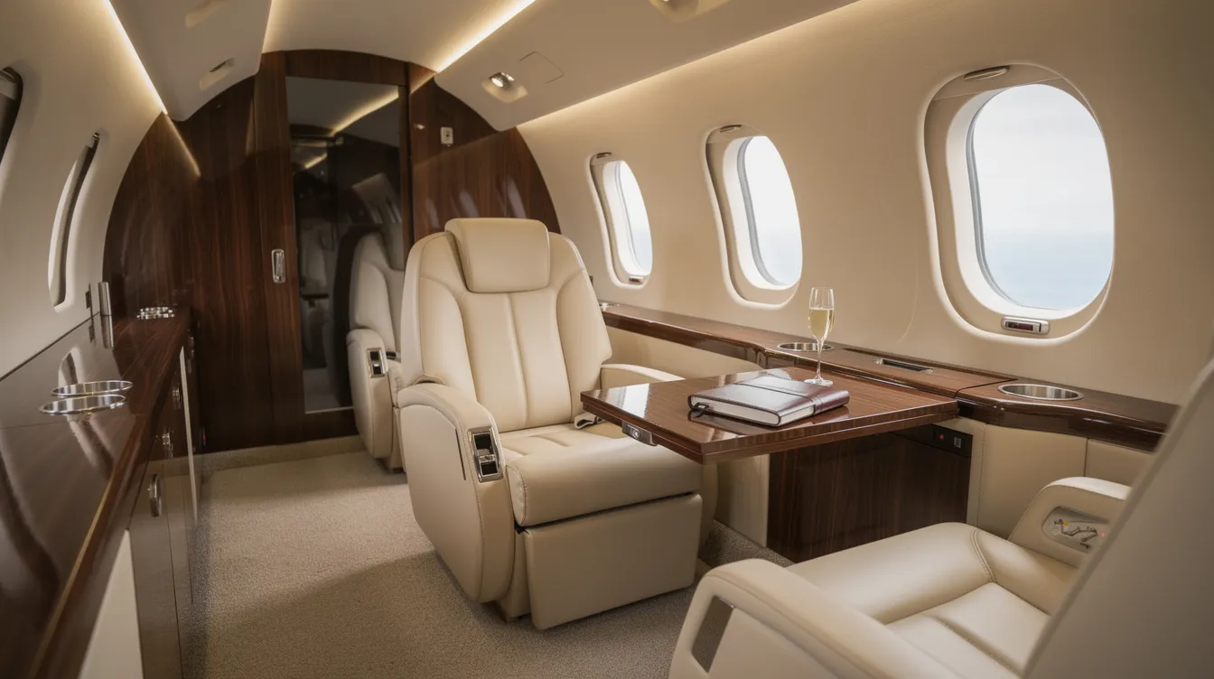 The image depicts the interior of a luxury private jet cabin featuring plush cream leather seats, elegant wood grain accents, and soft ambient lighting, creating an inviting atmosphere for private jet travel. This exquisite setting exemplifies the comfort and sophistication associated with private jet charters, ideal for those seeking a premium flying experience.