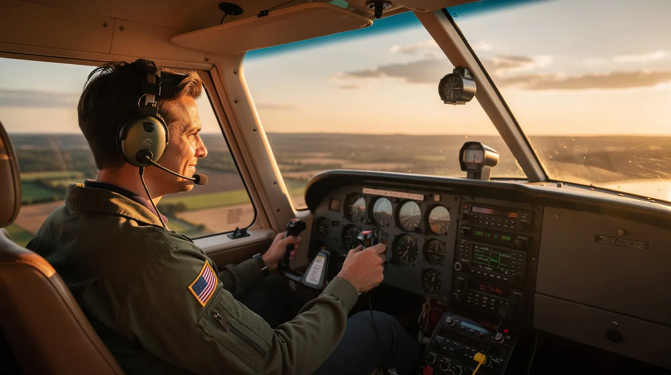 A pilot is seated in the cockpit of a light high-wing aircraft, specifically a Cessna 172, during golden hour, with their hands firmly on the yoke, ready for flight. The warm light enhances the aviation atmosphere, highlighting the intricate controls and instruments of this single engine piston aircraft.