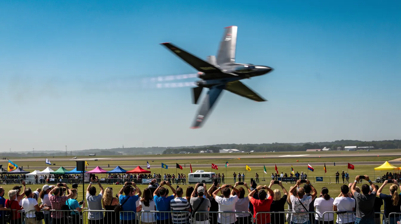 An aerobatic jet performs a dramatic roll at an airshow, showcasing its superior performance and agility against a backdrop of enthusiastic spectators below. The two-seat jet, designed for flight training and aerobatic displays, captivates the audience with its impressive maneuverability and speed.