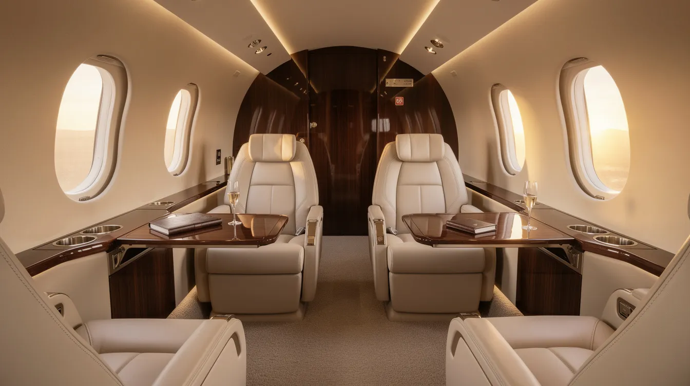 The image showcases a luxurious private jet cabin featuring plush leather executive seats arranged in a side-by-side configuration, complemented by warm ambient lighting that enhances the sophisticated atmosphere. This elegant interior provides a unique experience for passengers, making it an ideal choice for those seeking comfort and style during their flight.