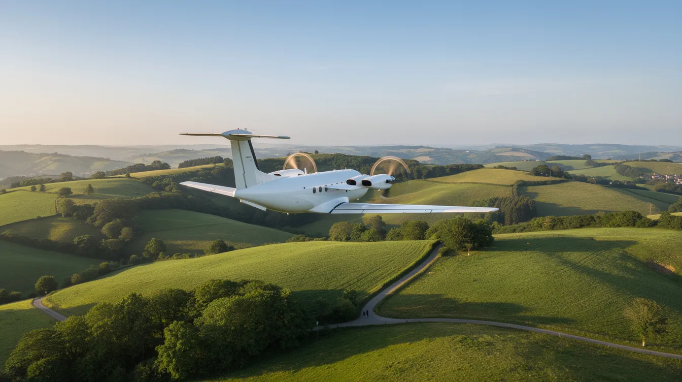 A single-engine turboprop aircraft, specifically the Pilatus PC-12, soars gracefully over lush green countryside characterized by rolling hills below. This versatile aircraft, capable of carrying up to nine passengers, is often utilized for missions such as air ambulance services and remote area transport, showcasing its advanced cockpit environment and impressive performance.