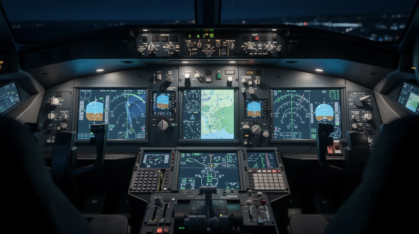 The image depicts a modern glass cockpit featuring multiple digital flight displays that are illuminated in blue and green hues, emphasizing an advanced cockpit environment. This high-tech flight deck is designed for single engine turboprop aircraft like the Pilatus PC-12, enhancing situational awareness for pilots during various missions.