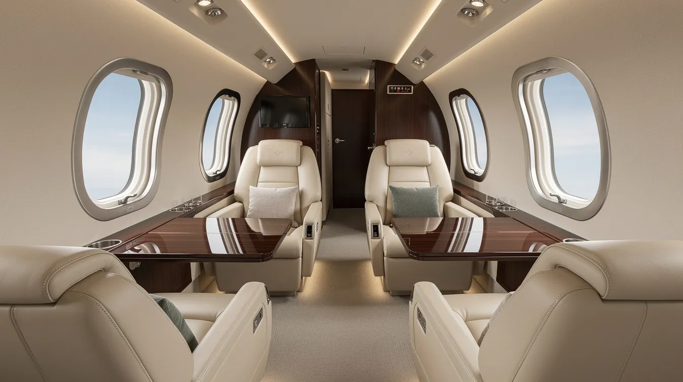 The image depicts the interior of a luxury turboprop aircraft cabin, featuring cream leather club seats designed for up to nine passengers and large oval windows that enhance passenger comfort. This elegant space is ideal for various missions, including air ambulance services and corporate travel, showcasing the advanced cockpit environment of the Pilatus PC-12.