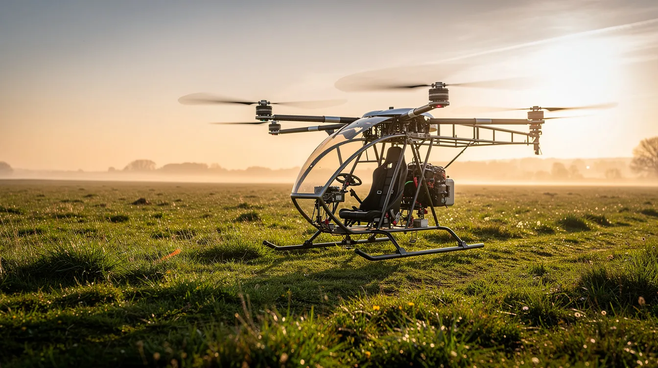A lightweight open-frame personal multicopter aircraft, resembling a jetson prototype, hovers low over a grassy field during golden hour, showcasing its eight electric motors and innovative design for personal aviation. The scene captures the essence of future transportation and the excitement surrounding flying cars.