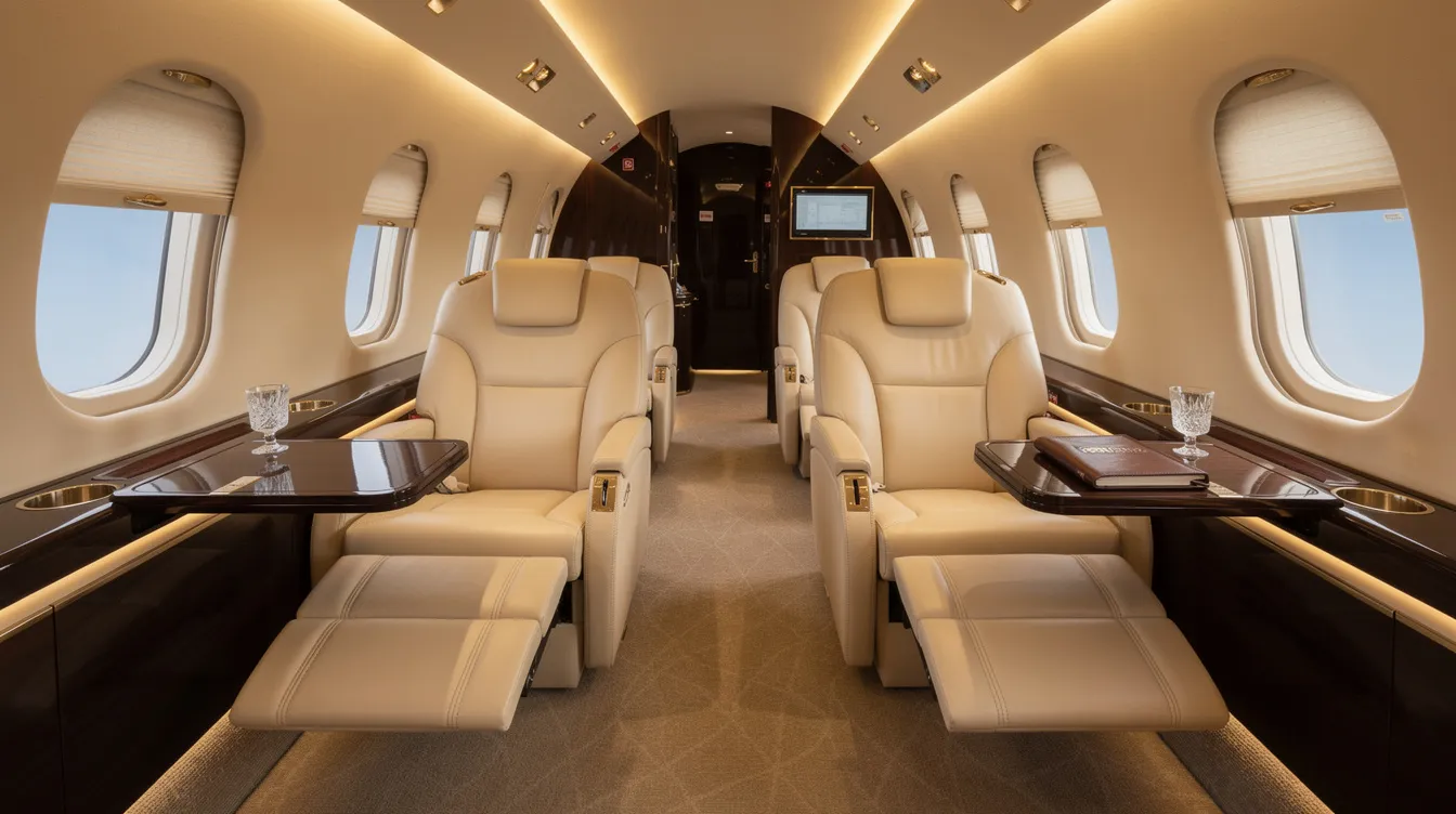 The image depicts the interior of a luxurious private jet cabin featuring cream leather seats, polished wood accents, and soft ambient lighting, creating an elegant and comfortable atmosphere for passengers. This Boeing business jet design showcases advanced technology and improved aerodynamics for an enhanced flying experience.