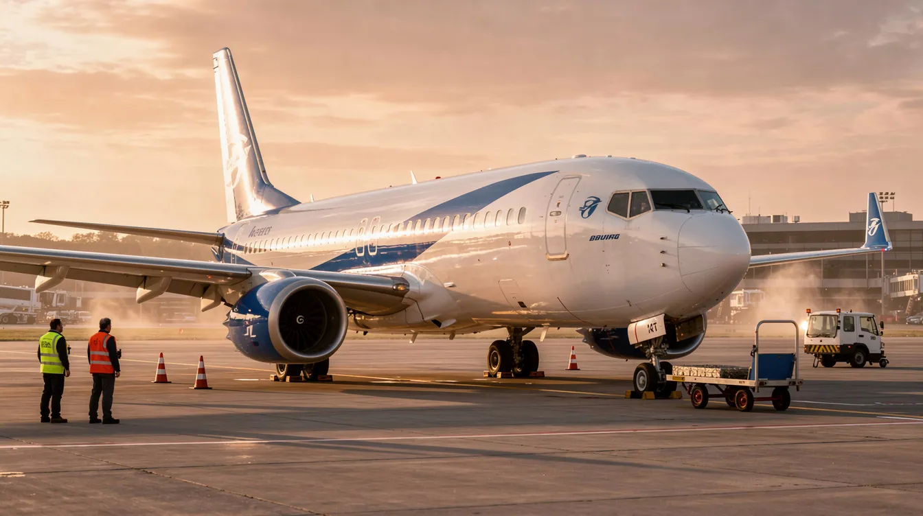 A modern white and blue Boeing 737 aircraft, representing the next generation of airliners, is parked on the airport tarmac during golden hour, with ground crew members preparing for its upcoming flight. The aircraft showcases advanced technology and aerodynamic improvements, highlighting its fuel efficiency and increased range capabilities.