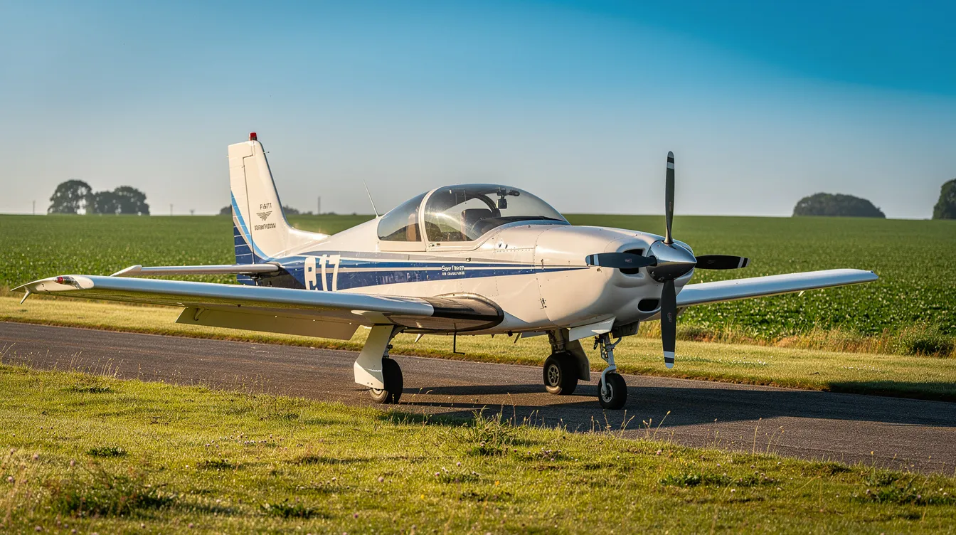A small single-engine training aircraft is parked on a grassy airstrip under a clear blue sky on a summer morning, with lush green fields stretching into the background. This scene is ideal for flight training, showcasing the perfect conditions for student pilots pursuing their recreational pilot certificate.