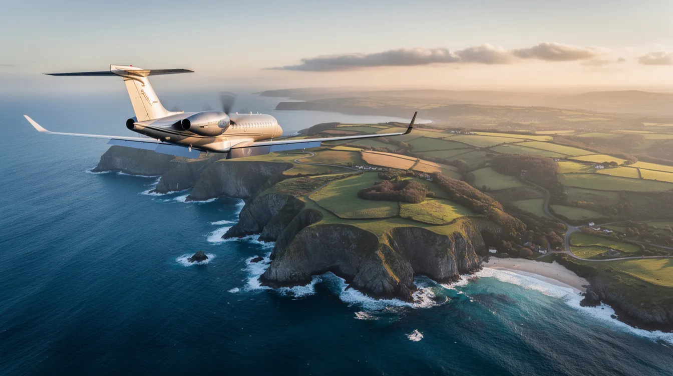 An aerial photograph captures a twin-engine Embraer regional jet flying gracefully over a stunning coastline, where vibrant blue ocean waves meet lush green hills below. The aircraft's swept wing design is prominently displayed against the dramatic landscape, showcasing its impressive flight capabilities.