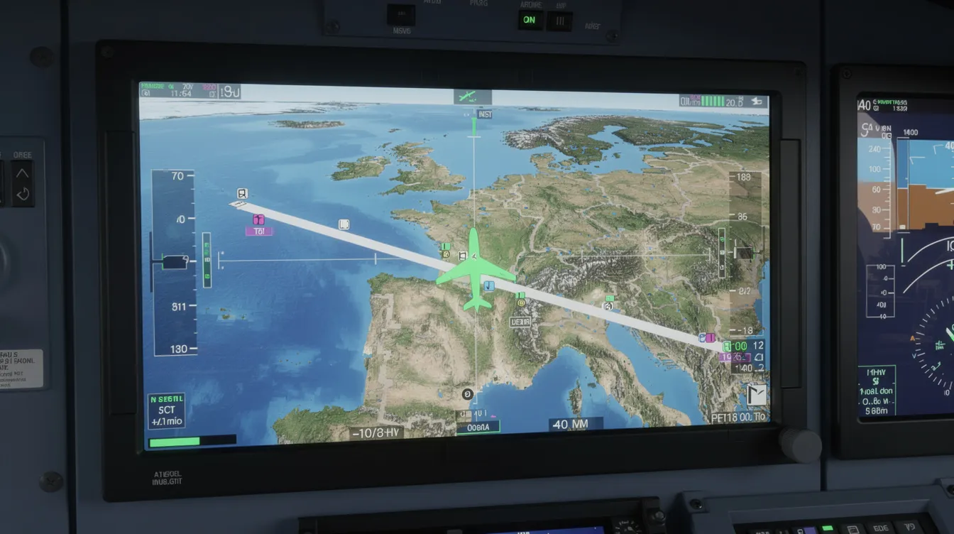 The image features a modern aviation navigation display, showcasing a flight route plotted over a digital map, which includes details such as departure and arrival locations, flight distance, and estimated flight time. This display is an essential tool for pilots and travelers, enhancing the planning of long haul flights and seamless travel experiences.