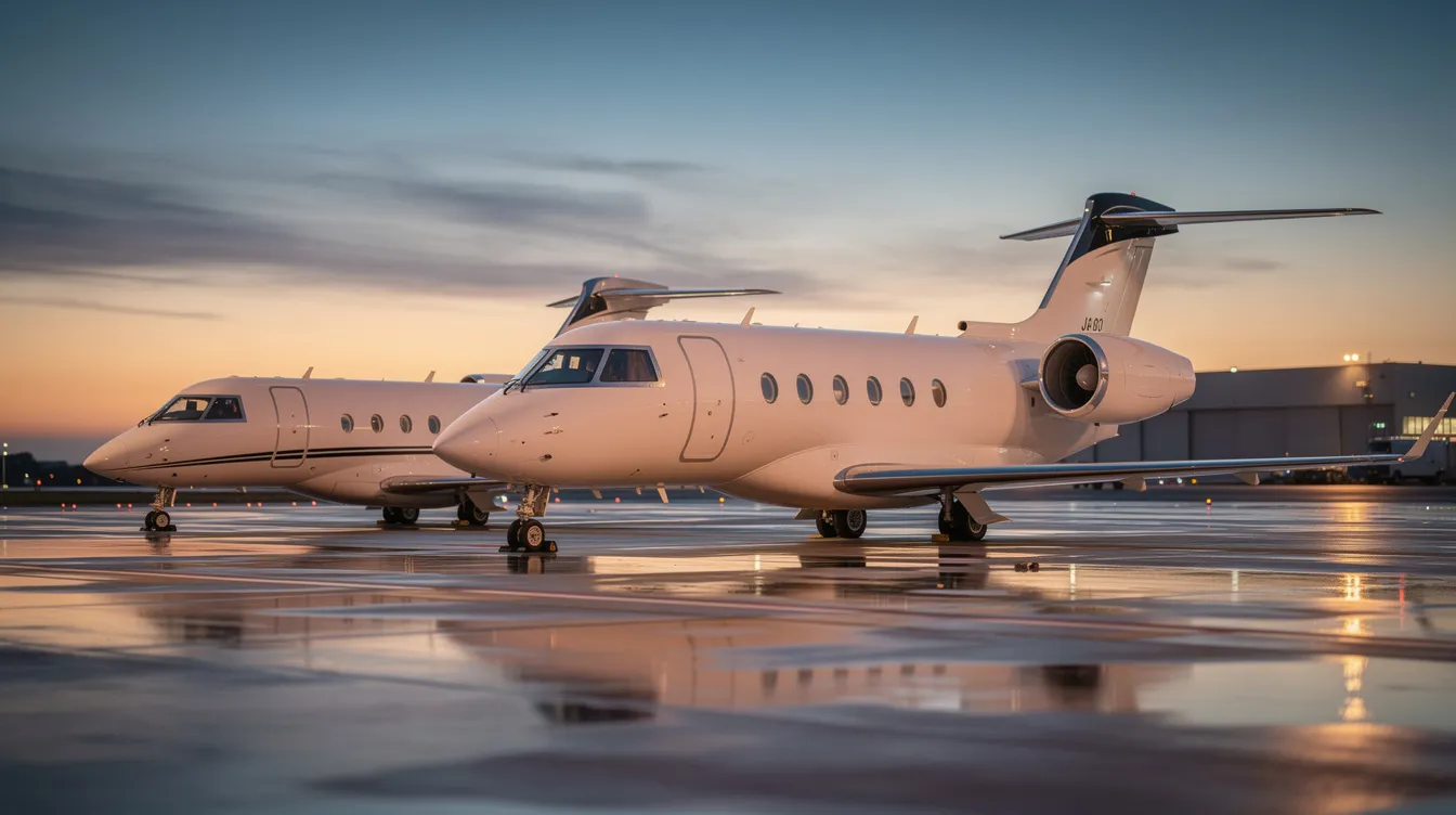 At dusk, three private jets of varying sizes are lined up on an airport tarmac, ready for departure. The scene captures the essence of private jet travel, highlighting the sleek aircraft against the colorful evening sky, perfect for planning your next trip.