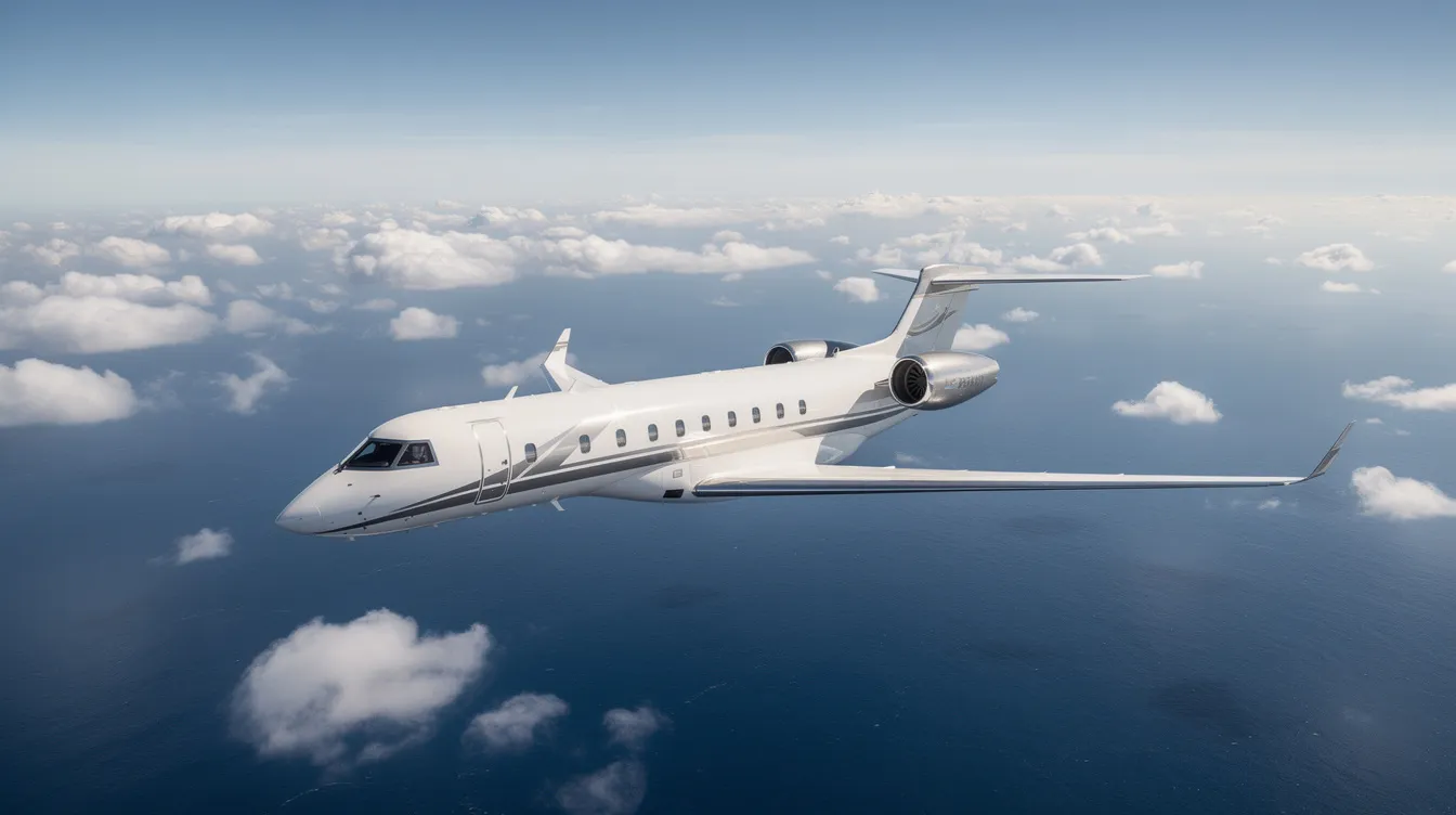 A private jet soars high above a vast blue ocean, with fluffy clouds visible below, representing the luxury of private jet travel. This image highlights the aviation industry, where factors like fuel costs and fuel efficiency play a crucial role in determining overall expenses for international flights.