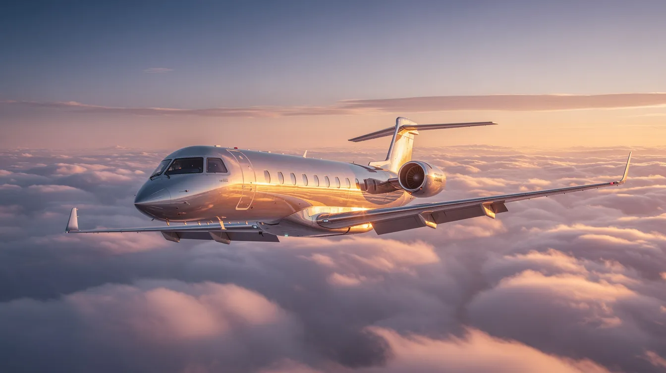 A sleek private jet soars above a blanket of white clouds, illuminated by the warm hues of a sunset, symbolizing the aspirations and goals of a successful project team. This image captures the essence of teamwork and collaboration, as the jet represents the high-performing team's mission to achieve project success.