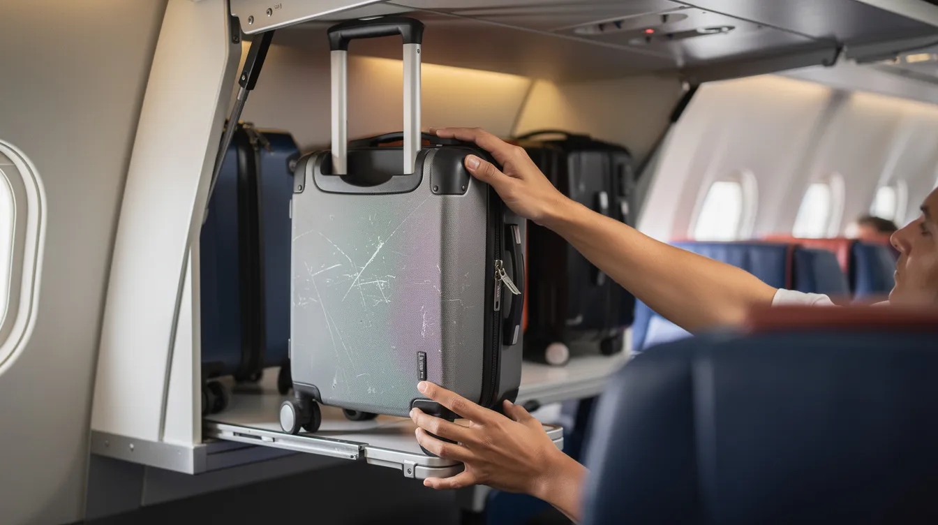 A close-up image shows a wheeled carry-on suitcase being placed into the overhead bin of an Embraer E175 aircraft, highlighting the new larger overhead bins designed to accommodate more carry-on bags for passengers. This upgrade aims to enhance boarding satisfaction and provide an industry-leading experience for travelers on regional flights with United Airlines.