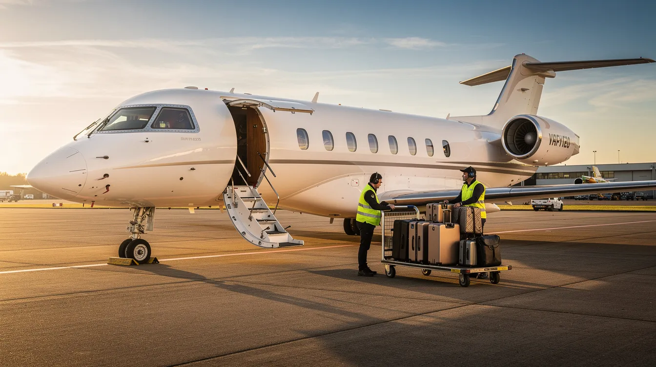 A private jet sits on a sunlit tarmac as ground crew members load luggage into the rear baggage compartment, ensuring that all bags are securely stowed for the flight. The scene captures the meticulous preparation for an international or regional flight, highlighting the importance of customer satisfaction and efficient boarding processes.