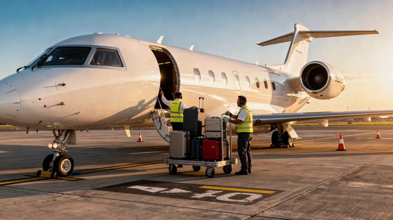 A private jet, specifically an Embraer E175, is parked on the tarmac as ground crew members load luggage into the aircraft's hold, preparing for an upcoming regional flight. The scene reflects the airline's commitment to customer satisfaction, with an emphasis on accommodating carry-on bags and enhancing the boarding experience.