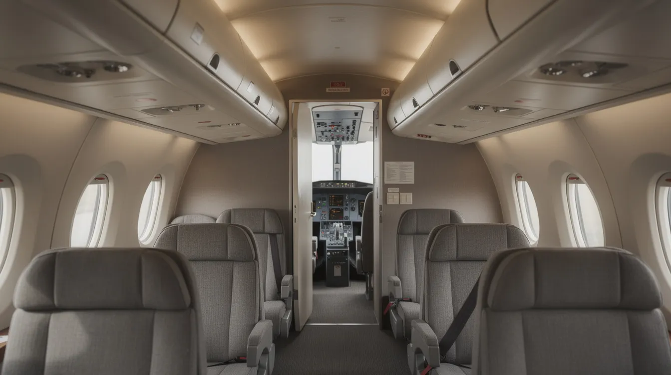 The image shows the interior of a small aircraft, specifically an Embraer ERJ 145, with a narrow aisle leading toward the cockpit. Overhead bins are visible, providing storage options for passengers, while the cabin is designed to ensure passenger comfort on regional routes.