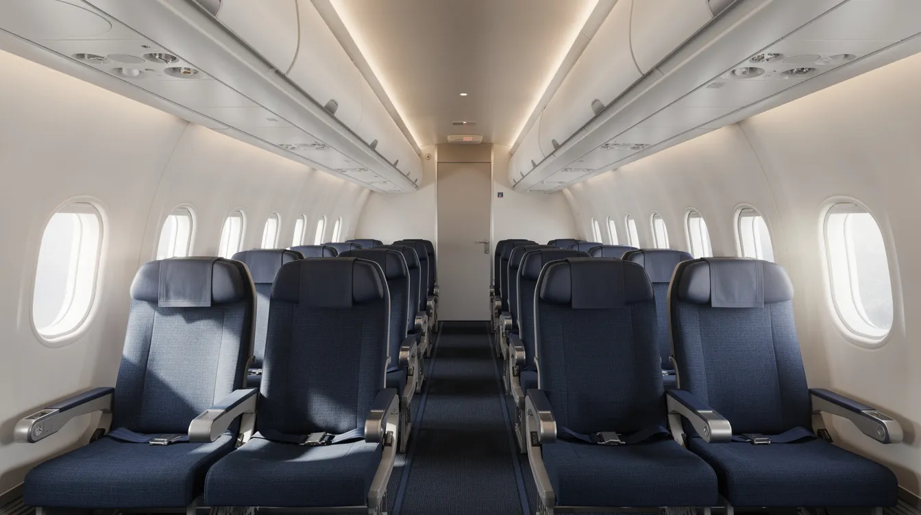 The image depicts the interior of a commercial airplane, specifically a Boeing 737, viewed from the front aisle perspective. Rows of new Recaro seats are visible, along with overhead bins and natural light streaming through the windows, creating a spacious and inviting atmosphere for passengers in the main cabin.