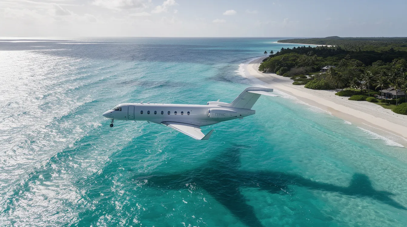 An aerial view showcases a sleek private jet soaring over the vibrant turquoise waters of a tropical coastline, highlighting the beauty of business aviation. This scene exemplifies the luxury and efficiency of modern private jets, ideal for business executives seeking long-range travel options.