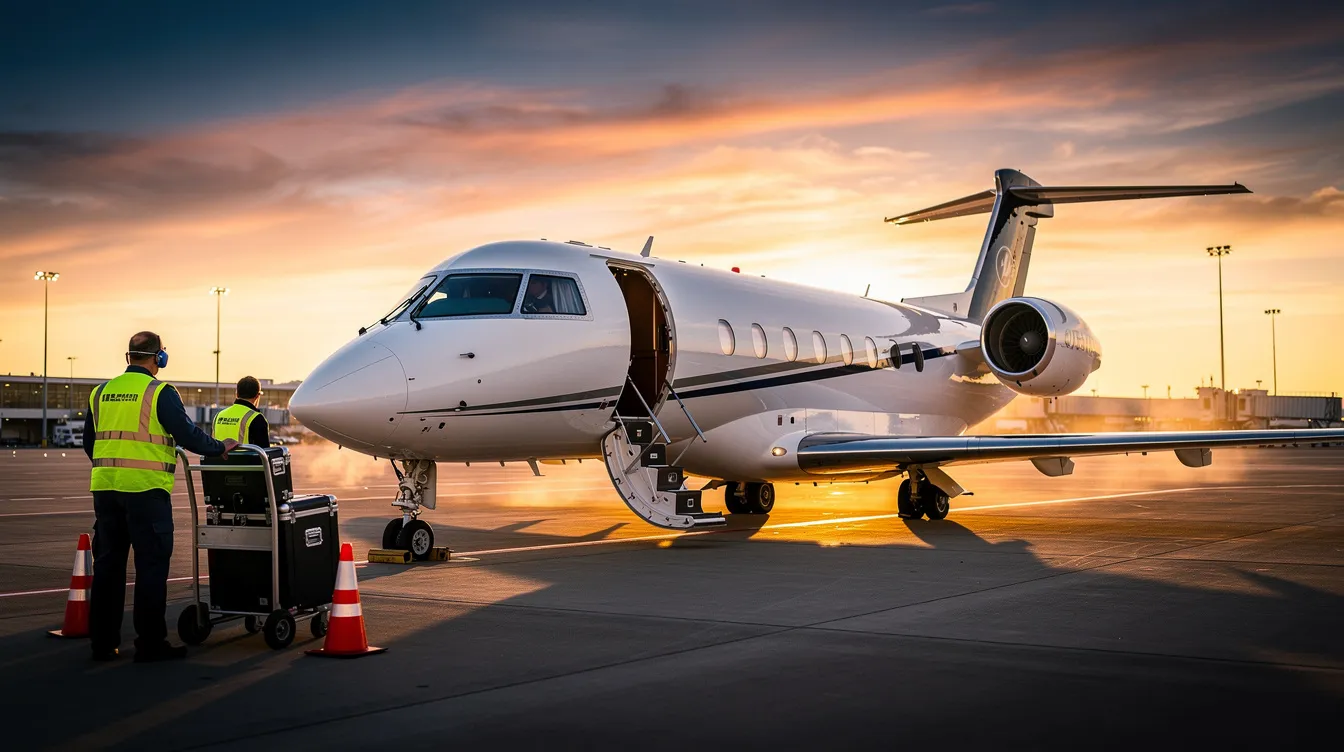 A sleek private jet is parked on a tarmac during sunset, with ground crew members nearby preparing for the next flight. The scene captures the essence of luxury travel, highlighting the benefits enjoyed by airline employees, including flight benefits and travel opportunities.