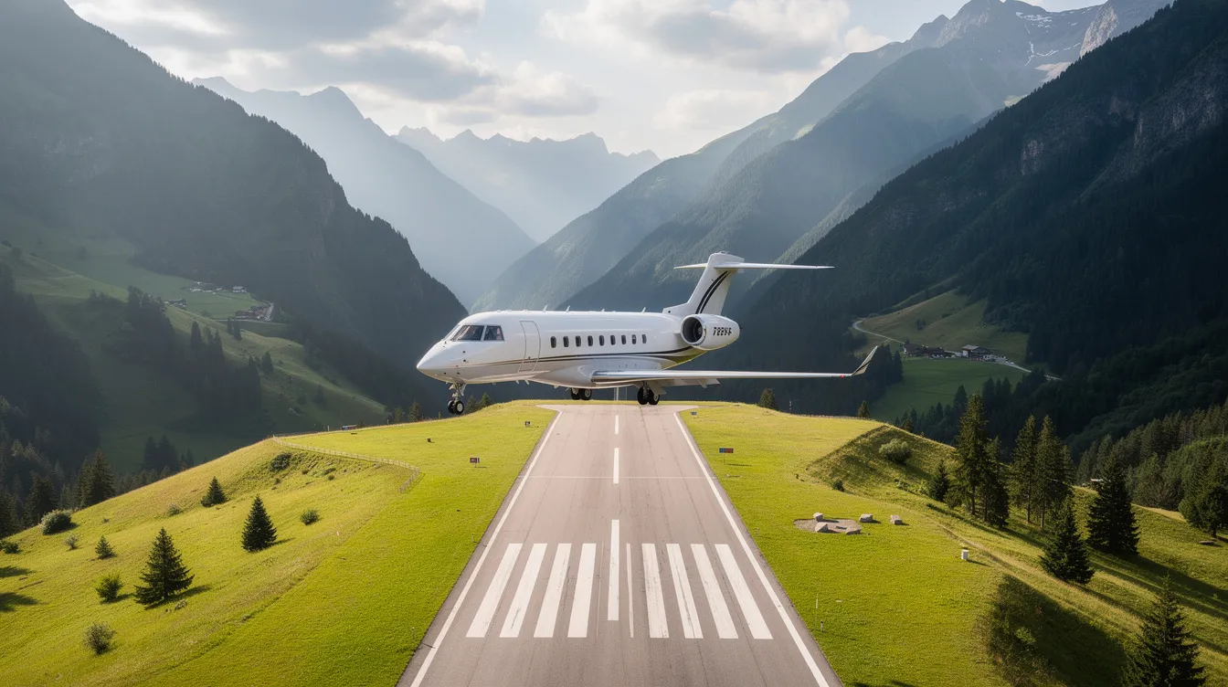 A private jet with sleek design is descending toward a small mountain runway, surrounded by lush green valleys. The aircraft is equipped with advanced jet engines that efficiently propel it through the air as it prepares for landing.