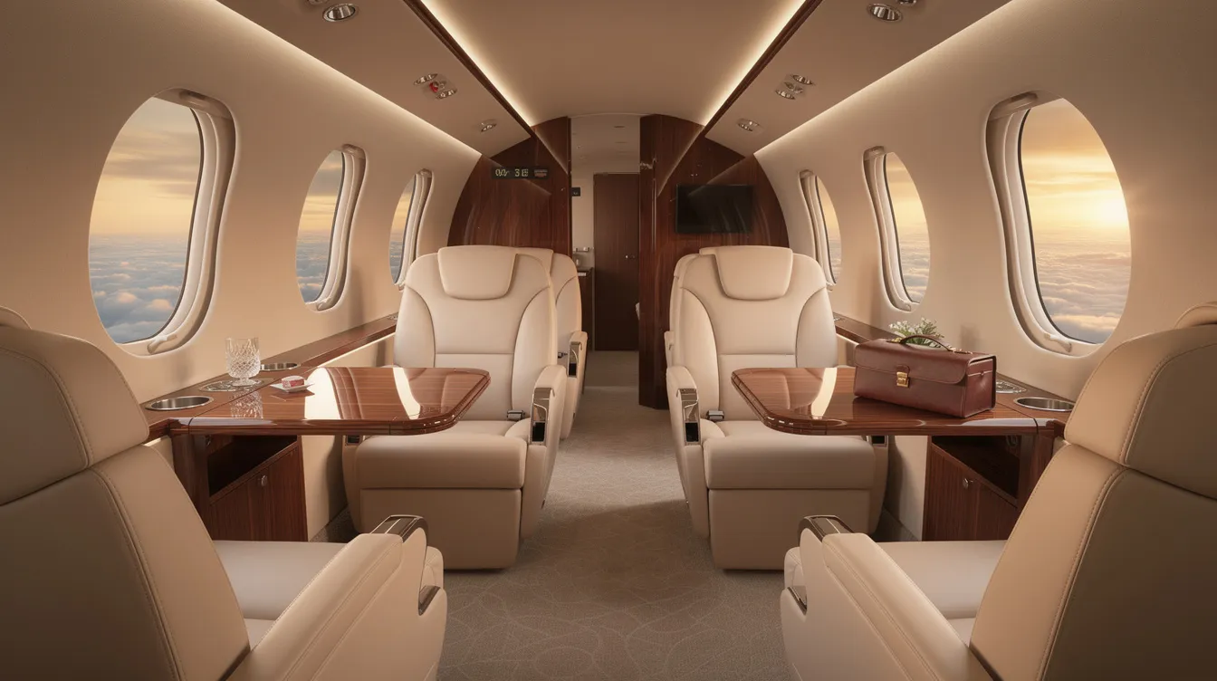 The image depicts the luxurious interior of a private jet, featuring plush leather seats and warm ambient lighting that creates a cozy atmosphere for passengers. This opulent setting is designed to enhance the flying experience, making it ideal for cabin crew and flight attendants who prioritize comfort and service.