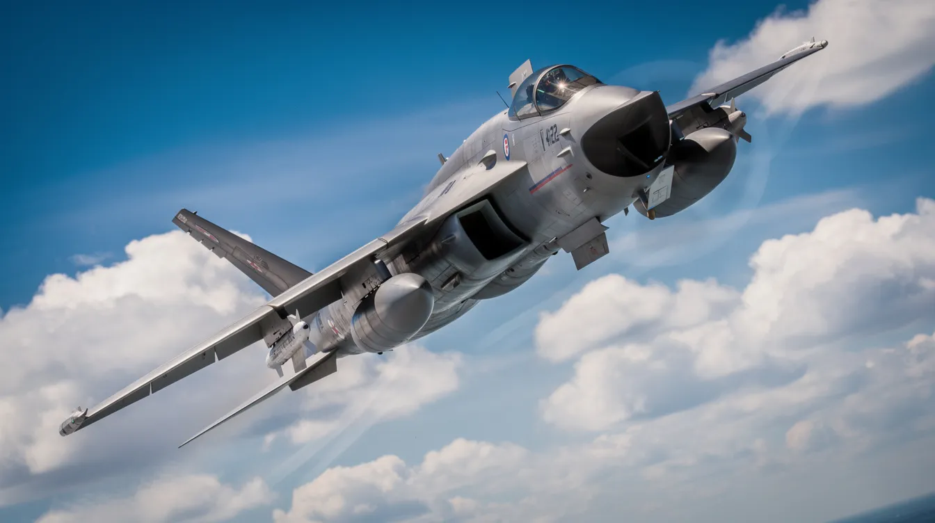 A sleek modern fighter jet, resembling the F-35 Lightning II, banks sharply against a vivid blue sky dotted with fluffy clouds, showcasing its advanced stealth technology and exceptional agility. This aircraft represents the pinnacle of air superiority, embodying the capabilities of the United States Air Force and modern air combat.