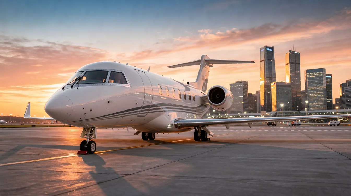 A sleek private jet is parked on an airport tarmac at sunset, with a vibrant skyline of a modern city in the background, symbolizing international business travel and the connections between nations. The warm hues of the sunset reflect off the jet's polished surface, creating a striking image of luxury and mobility.
