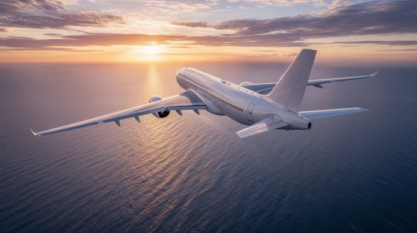 A twin-engine widebody aircraft soars gracefully over a vast ocean, silhouetted against the vibrant hues of a sunset. The scene captures the beauty of aviation as the commercial plane navigates its flight path, with the expansive sky and gentle waves below enhancing the sense of travel and exploration.
