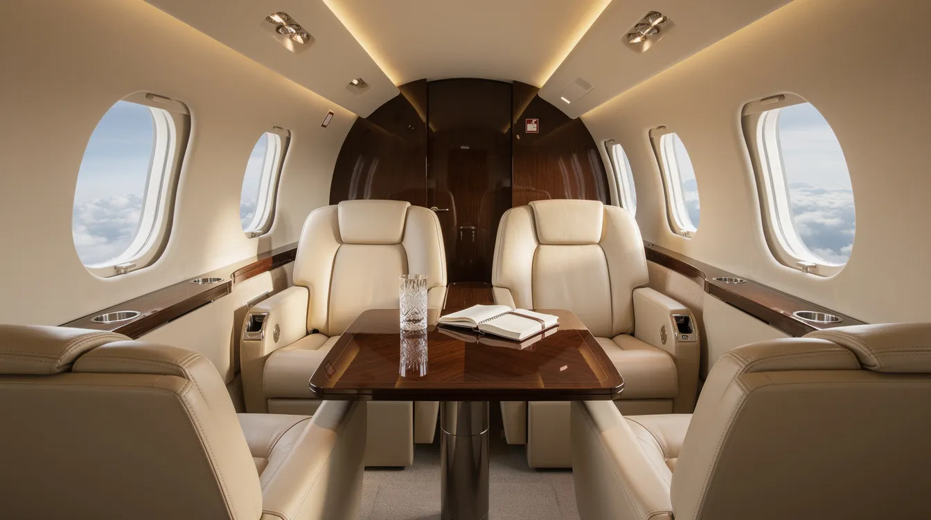 The image depicts the interior of a luxurious private jet cabin featuring plush leather club seating arranged around a polished wood table, providing an elegant atmosphere for passengers. The spacious design reflects the comfort found in business class on widebody aircraft, making it ideal for exclusive travel experiences.