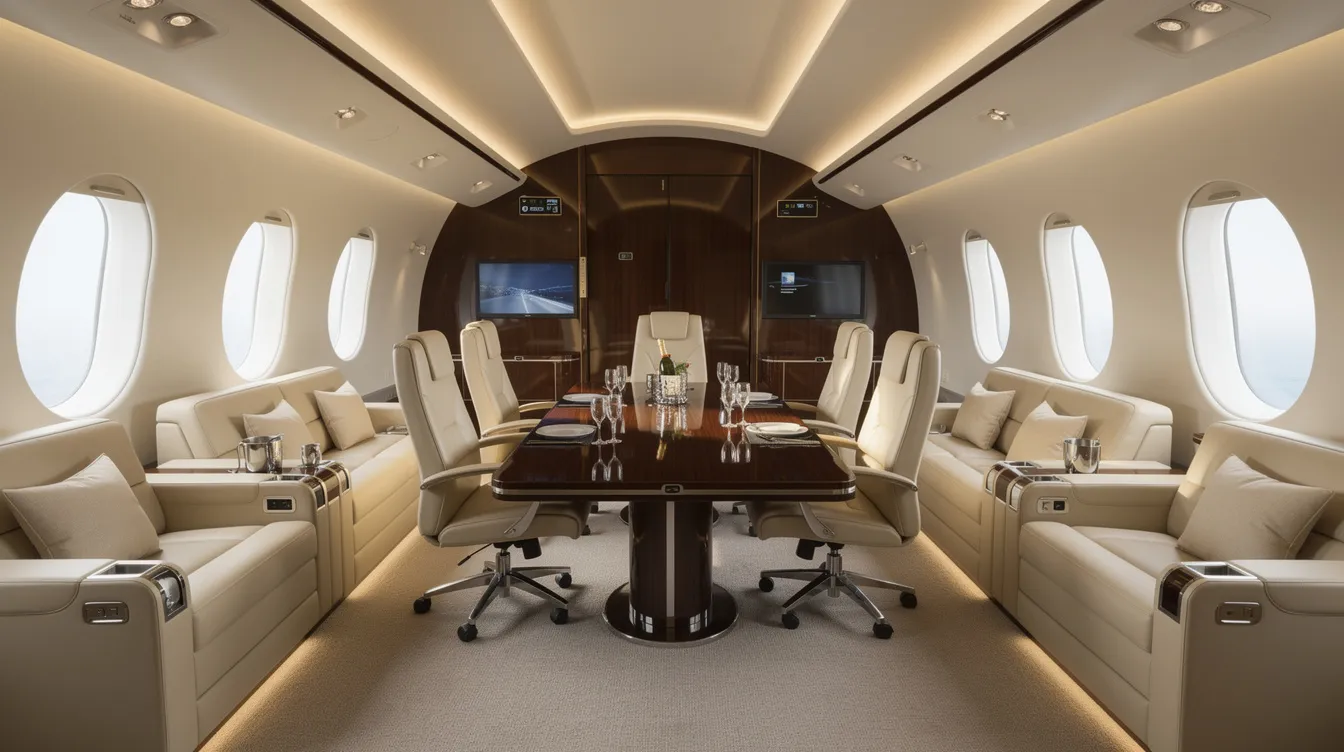 The image showcases a luxurious VIP airliner interior, featuring a spacious lounge area with cream leather sofas and a polished wood conference table, ideal for conducting meetings during a group charter flight. This elegant setting highlights the comfort and style that private charter experiences offer to travelers.