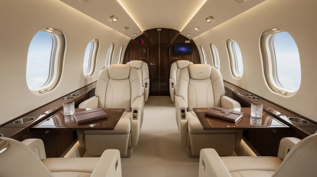 The image depicts the interior of a luxurious midsize jet cabin, featuring elegant cream leather seats and polished wood accents that enhance the overall ambiance of private aviation. This sophisticated space is designed for comfort and style, catering to those who appreciate the finer aspects of private jet travel.