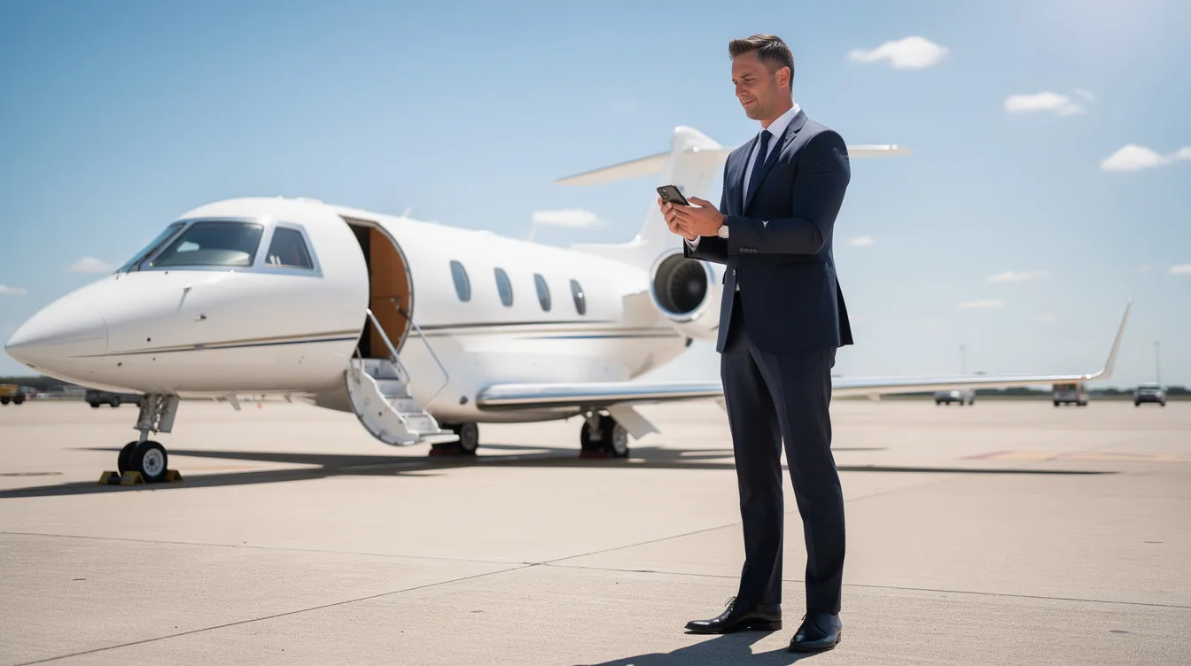 A business professional is seen using a smartphone while standing next to a private jet on a sunny tarmac, highlighting the luxury of private aviation. The image captures the essence of private jet travel, showcasing the convenience and sophistication of flying in a midsize jet.