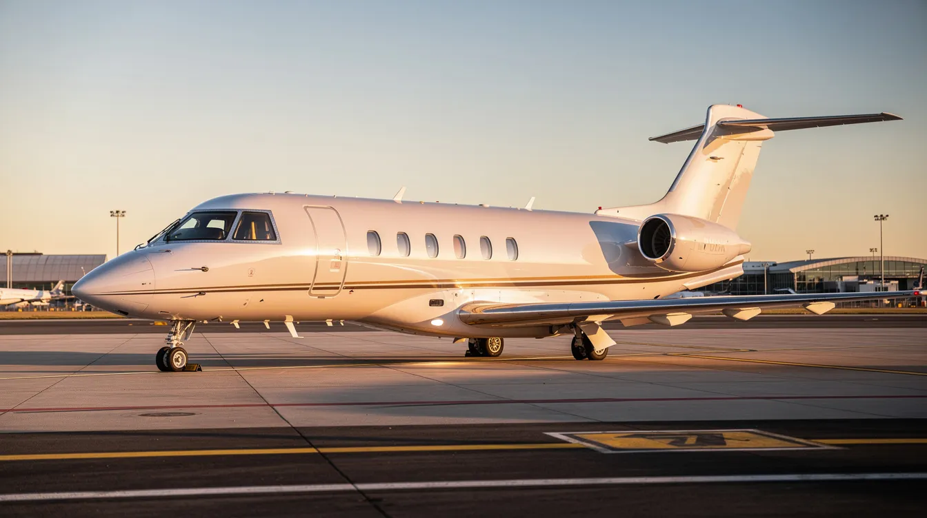 A sleek midsize private jet is parked on a tarmac during golden hour, with the warm glow of the setting sun illuminating its polished exterior against a clear blue sky. This scene captures the essence of private aviation, highlighting the luxury and convenience of flying privately in a midsize jet.