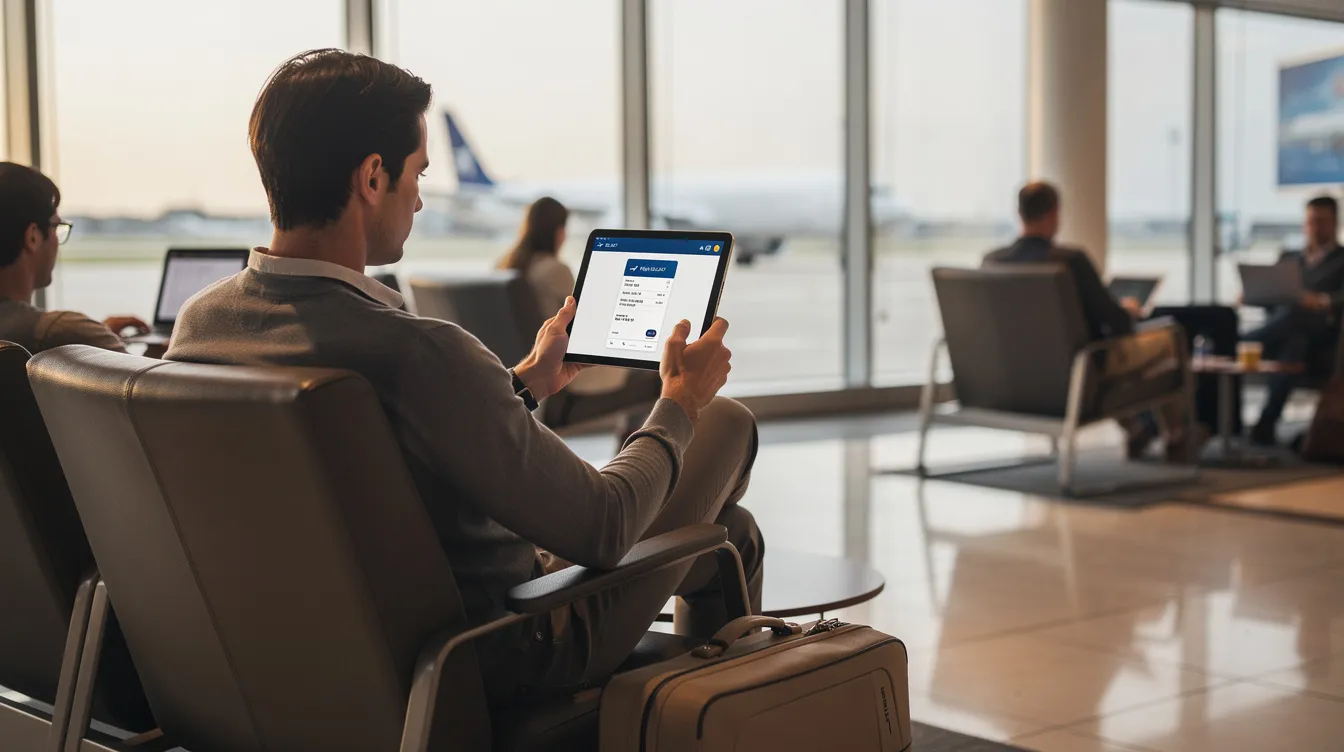 A traveler sits comfortably in an airport lounge, using a tablet to review flight details, including the flight number and available seats on the aircraft seat map. The screen displays information about the cabin layout, highlighting preferred seats and occupied rows for their next flight.