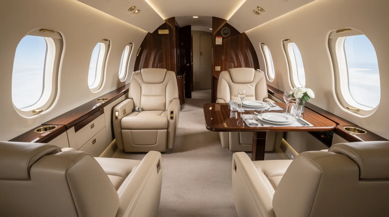 The image depicts a spacious private jet cabin featuring a club seating configuration, with two plush seats facing each other and a dining table elegantly set with plates, creating an inviting atmosphere for passengers. The cabin layout emphasizes comfort and luxury, ideal for business travelers seeking a refined flying experience.