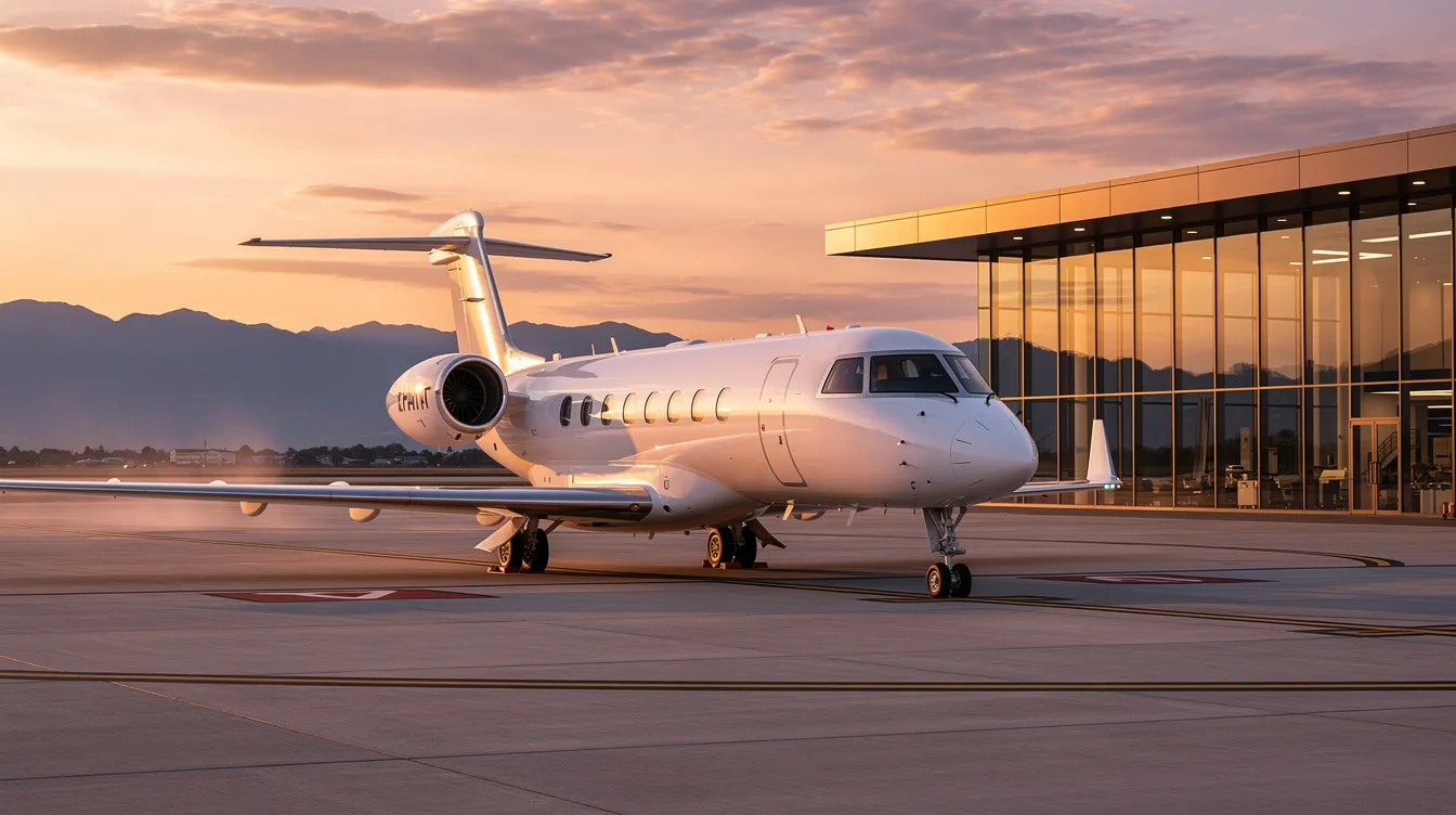 A sleek white private jet is parked on a tarmac at sunset, with a modern FBO terminal and majestic mountains in the background, highlighting the luxurious experience of private jet travel. This image captures the essence of private jet charter services, perfect for those considering their next private jet charter or looking for aircraft options for international flights.