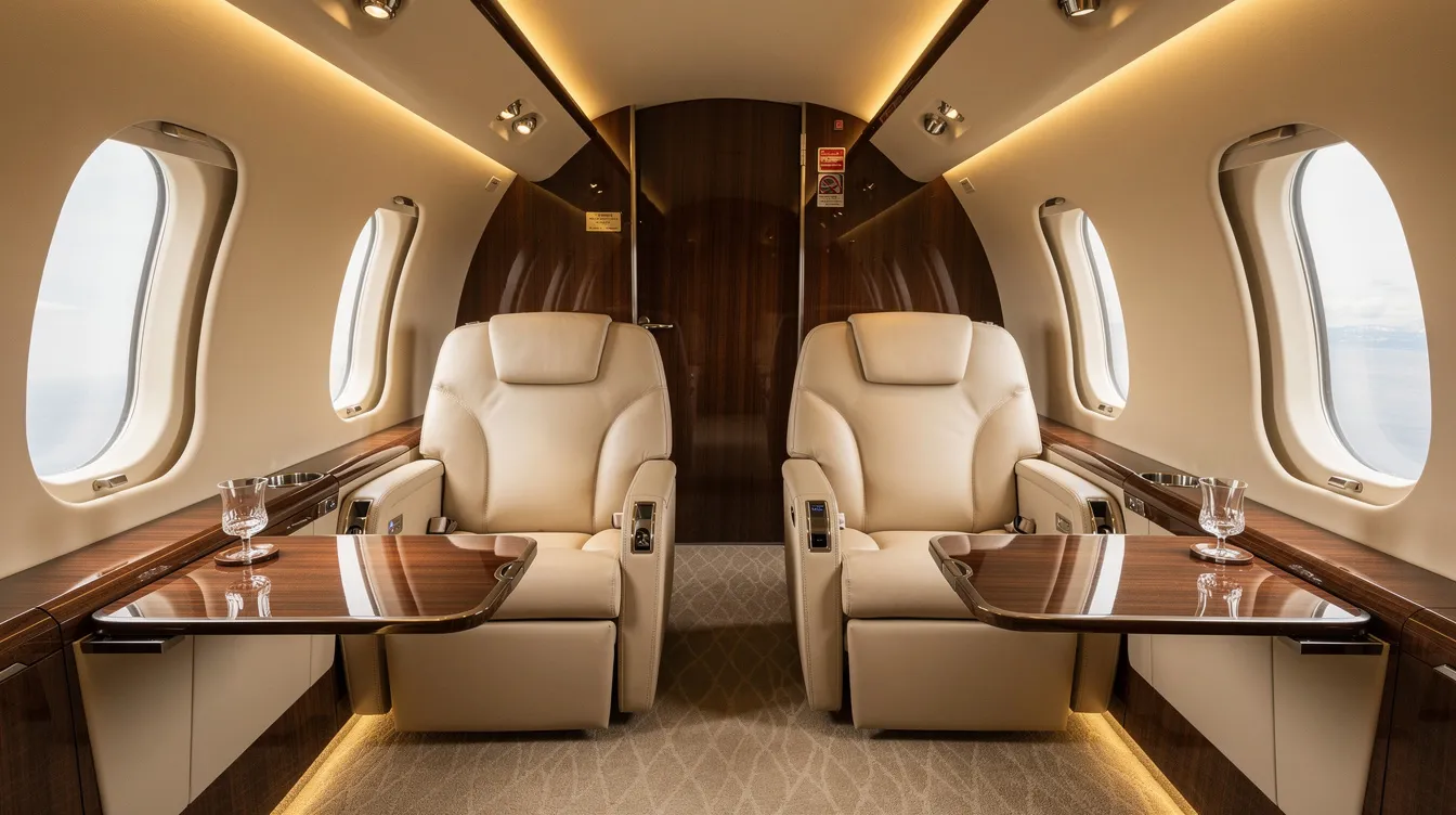 The image depicts the interior of a luxurious midsize private jet cabin, featuring cream leather club seats, elegant wood grain accents, and soft ambient lighting, creating a serene atmosphere ideal for private jet travel. This sophisticated setting is designed to provide a seamless travel experience, perfect for those considering private jet charter options.