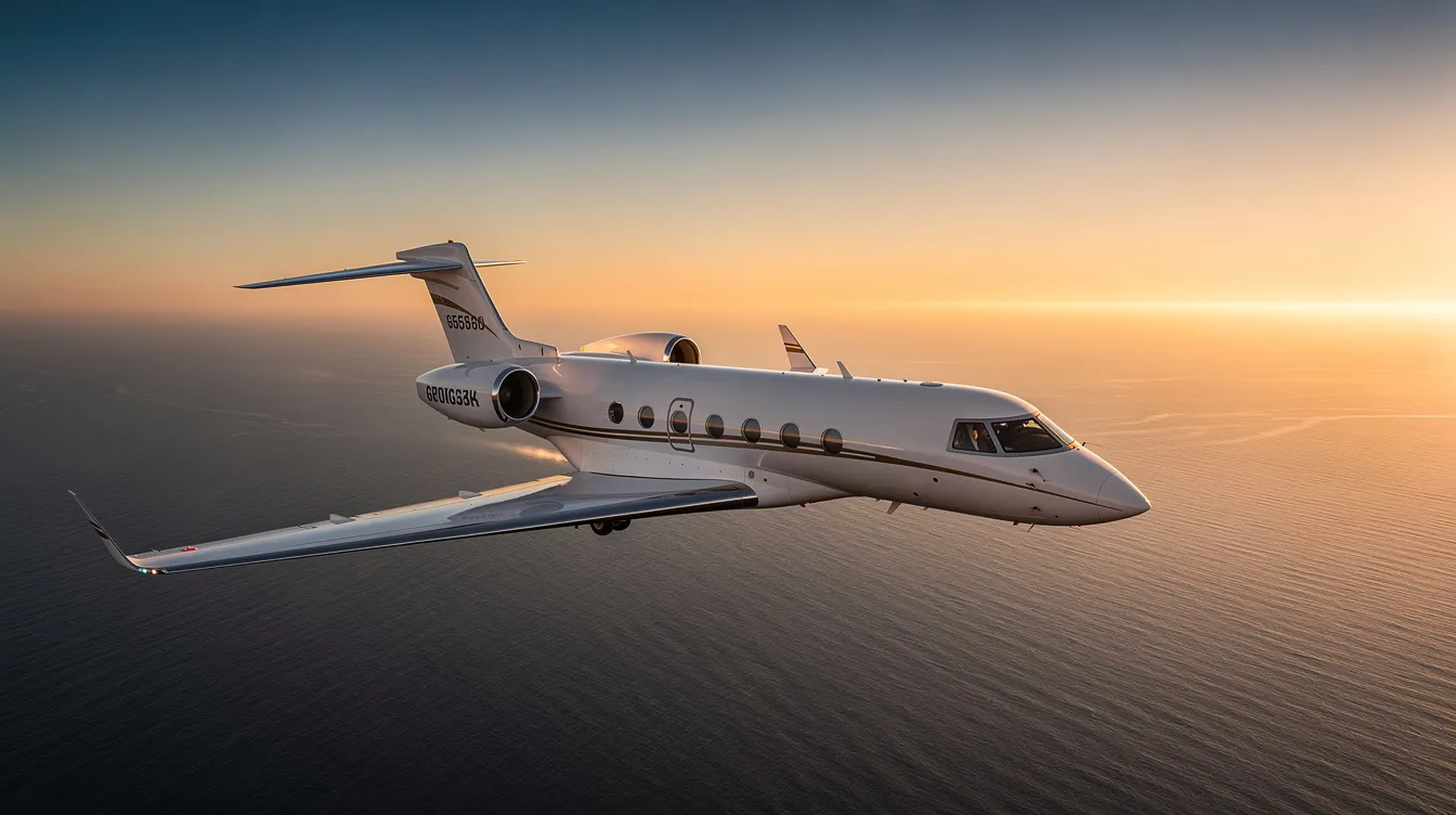 A Gulfstream G550 private jet gracefully soars above a calm ocean at sunset, with the vibrant colors of the sky reflecting on the water. This luxurious business jet, known for its long-range capabilities and spacious cabin, showcases the impressive wingspan and sleek design characteristic of Gulfstream Aerospace.