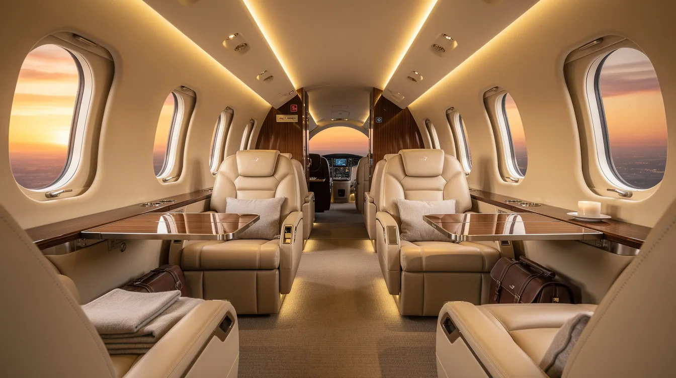 The image depicts a modern private jet cabin interior featuring cream leather seats and soft ambient lighting, creating a luxurious atmosphere during a sunset flight. This elegant space, unlike typical light aircraft, showcases the performance and comfort that private owners expect from high-end aviation.